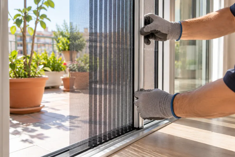 Instalador ajustando una mosquitera plisada en la puerta corredera de una terraza