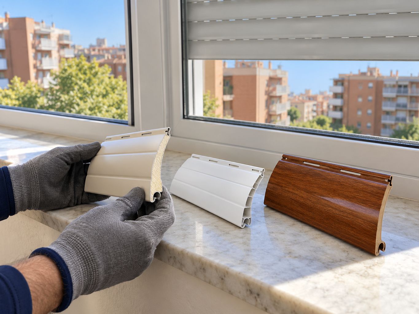 Muestras de lamas de aluminio, PVC y madera para elegir la persiana de un piso