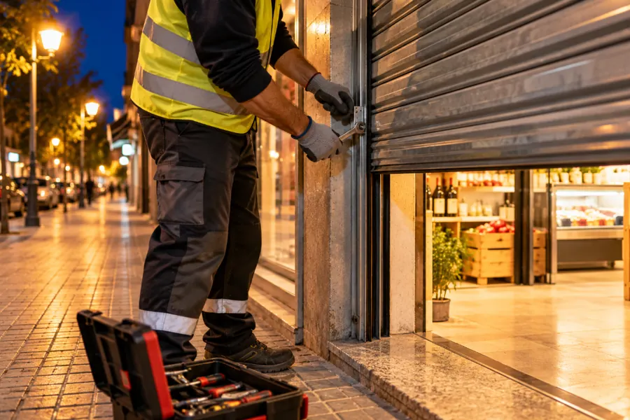 Técnico con chaleco reflectante reparando la guía de un cierre metálico de comercio por la noche